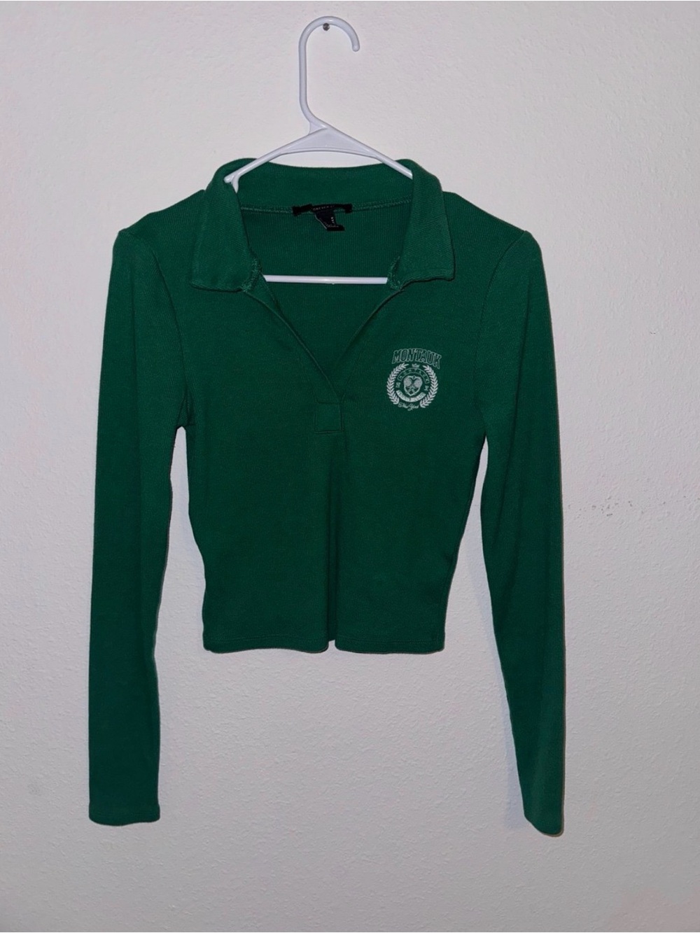 Forever 21 Emerald Green Long Sleeve Polo Top with Chest Emblem